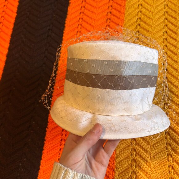1960s peach basket MOD brown and grey striped birdcage veil hat - made in the us - Picture 12 of 14